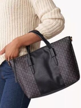 Fossil Skylar Satchel Bag Black Brown Signature Faux Leather Crossbody Bag